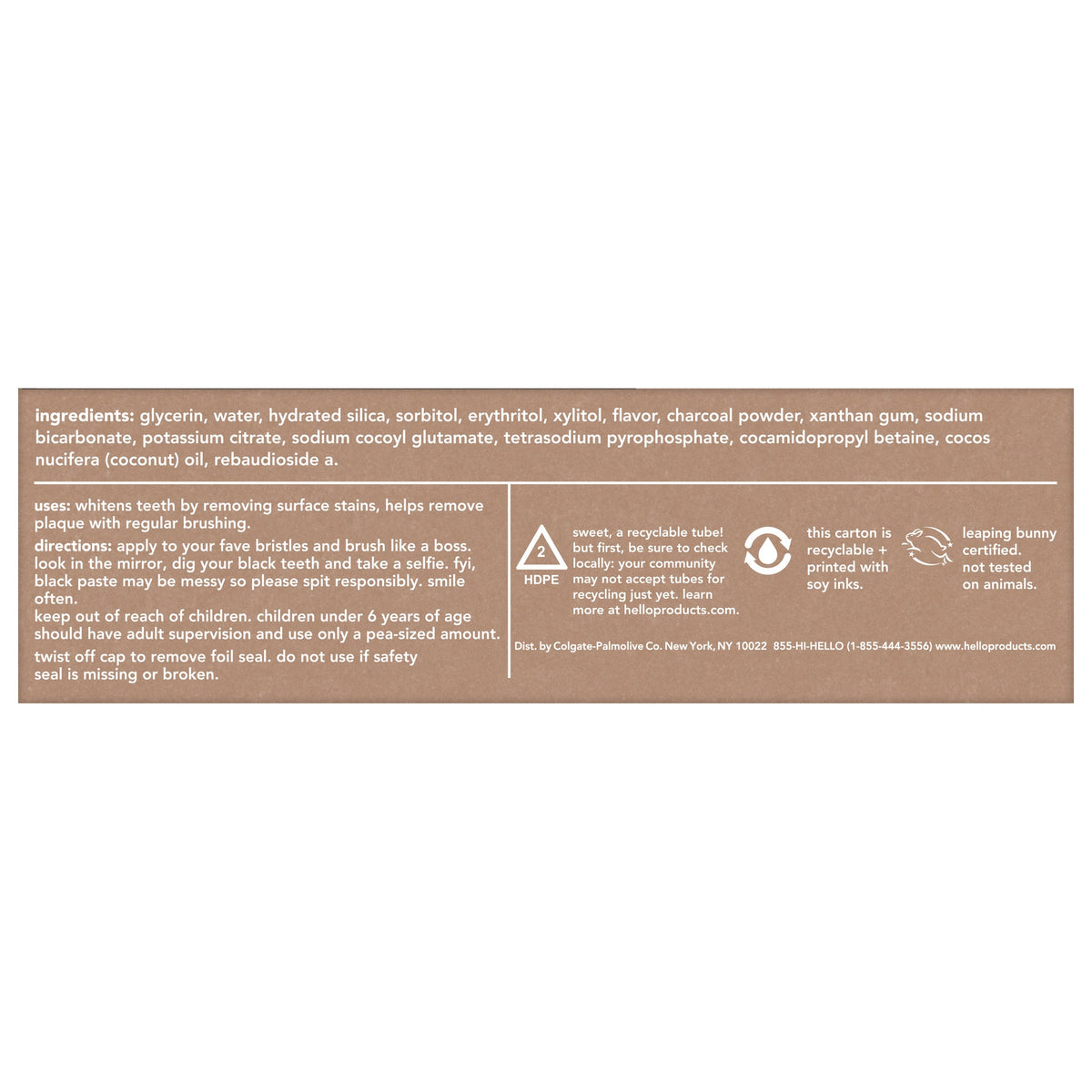 Hello Epic Whitening Activated Charcoal Toothpaste 113g — ingredients panel