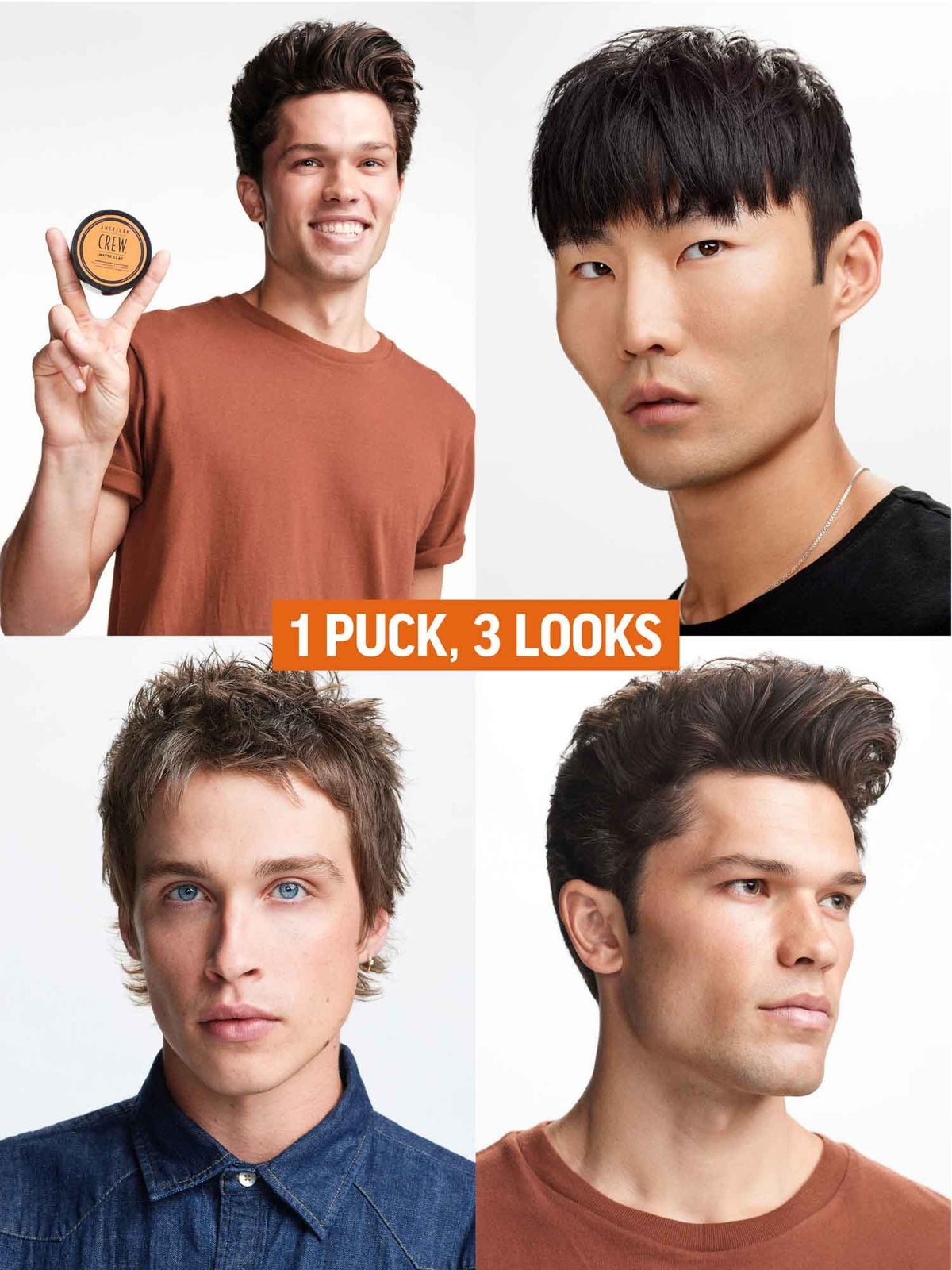 American Crew Matte Clay 85g — one puck three looks