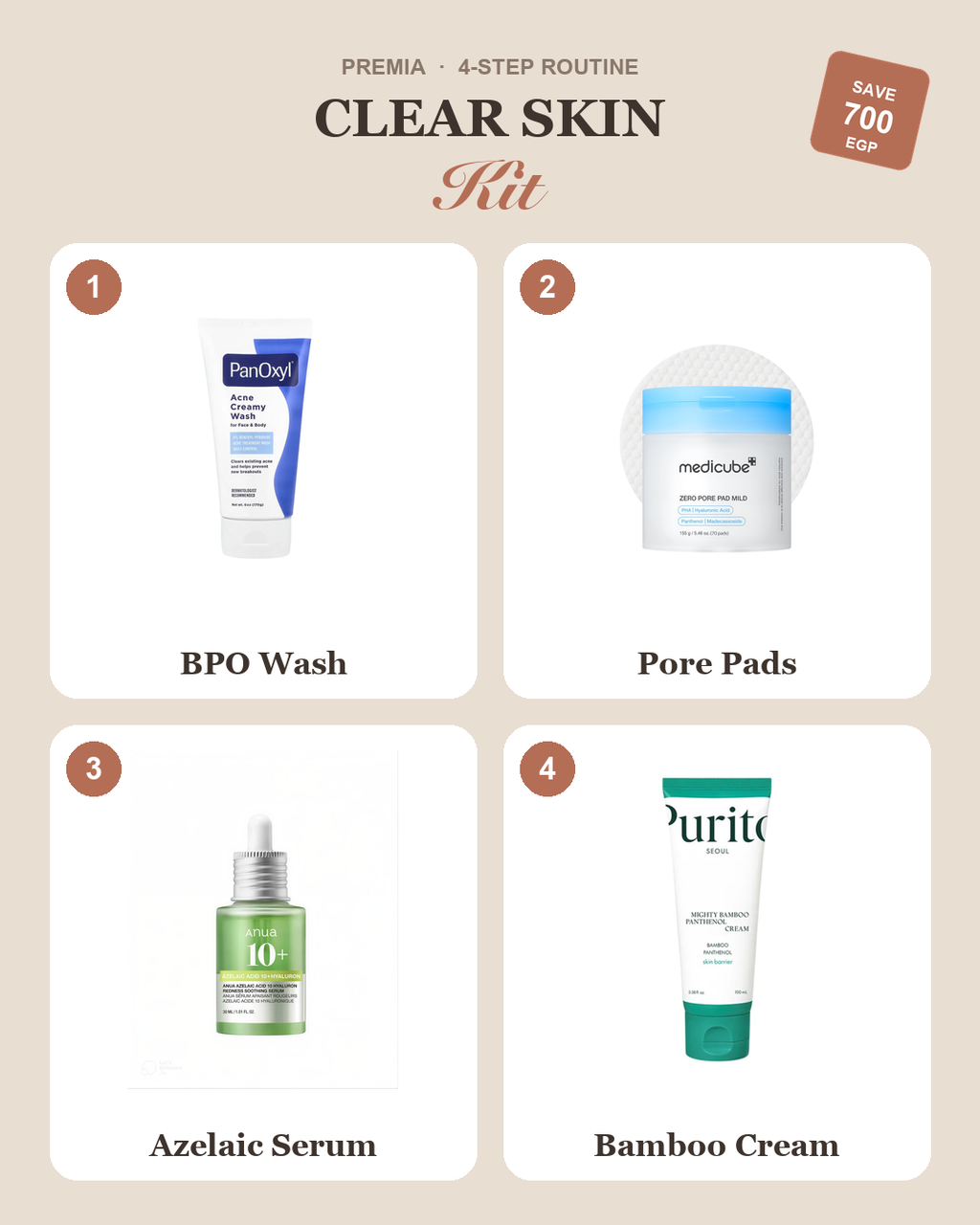 Clear Skin Kit bundle — BPO Wash, Pore Pads, Azelaic Serum, Bamboo Cream