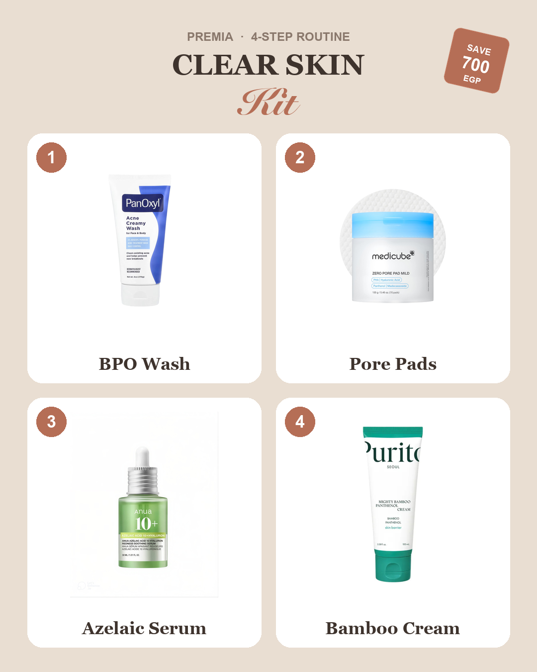 Clear Skin Kit bundle — BPO Wash, Pore Pads, Azelaic Serum, Bamboo Cream