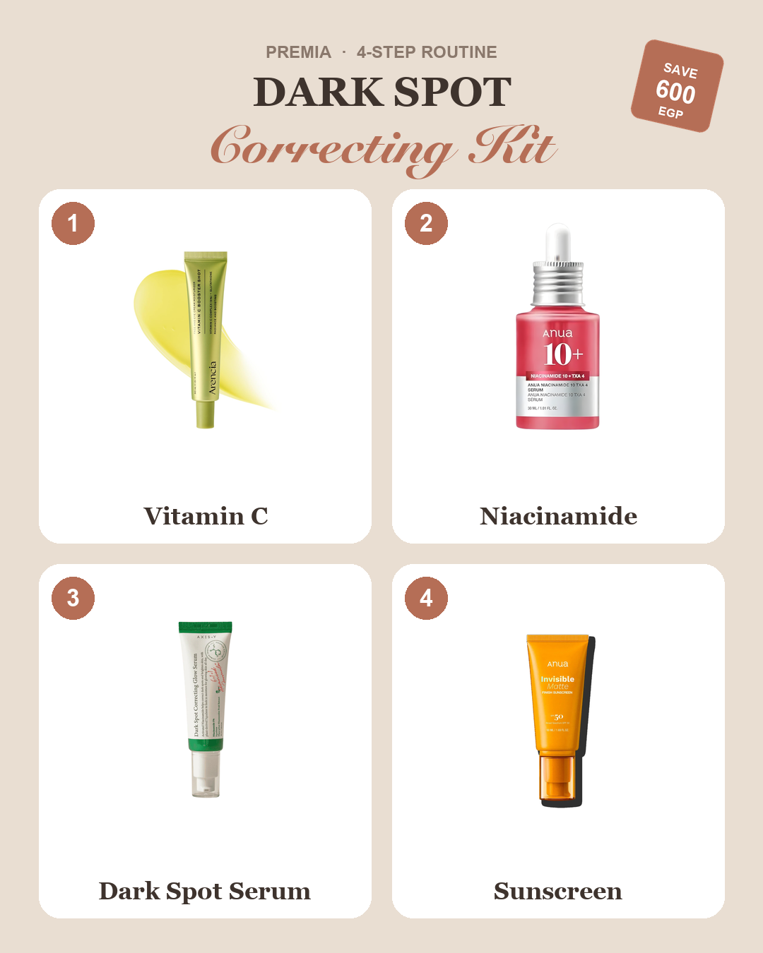 Dark Spot Correcting Kit bundle — Vitamin C, Niacinamide, Dark Spot Serum, Sunscreen
